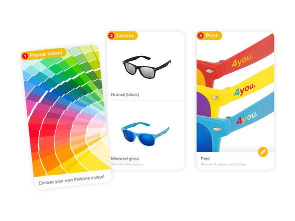 Choose your colour frames, lenses and type of imprint